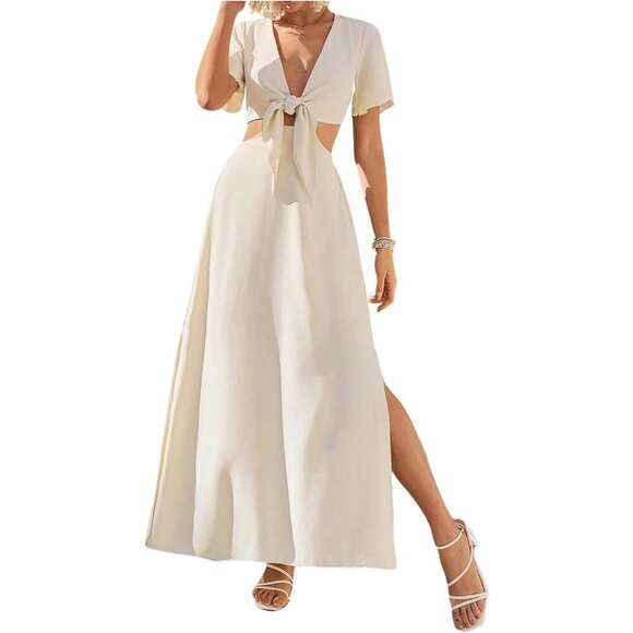 Dresses | Womens Cut Out Tie Front Slit A Line Maxi Dress V Neck Short ...